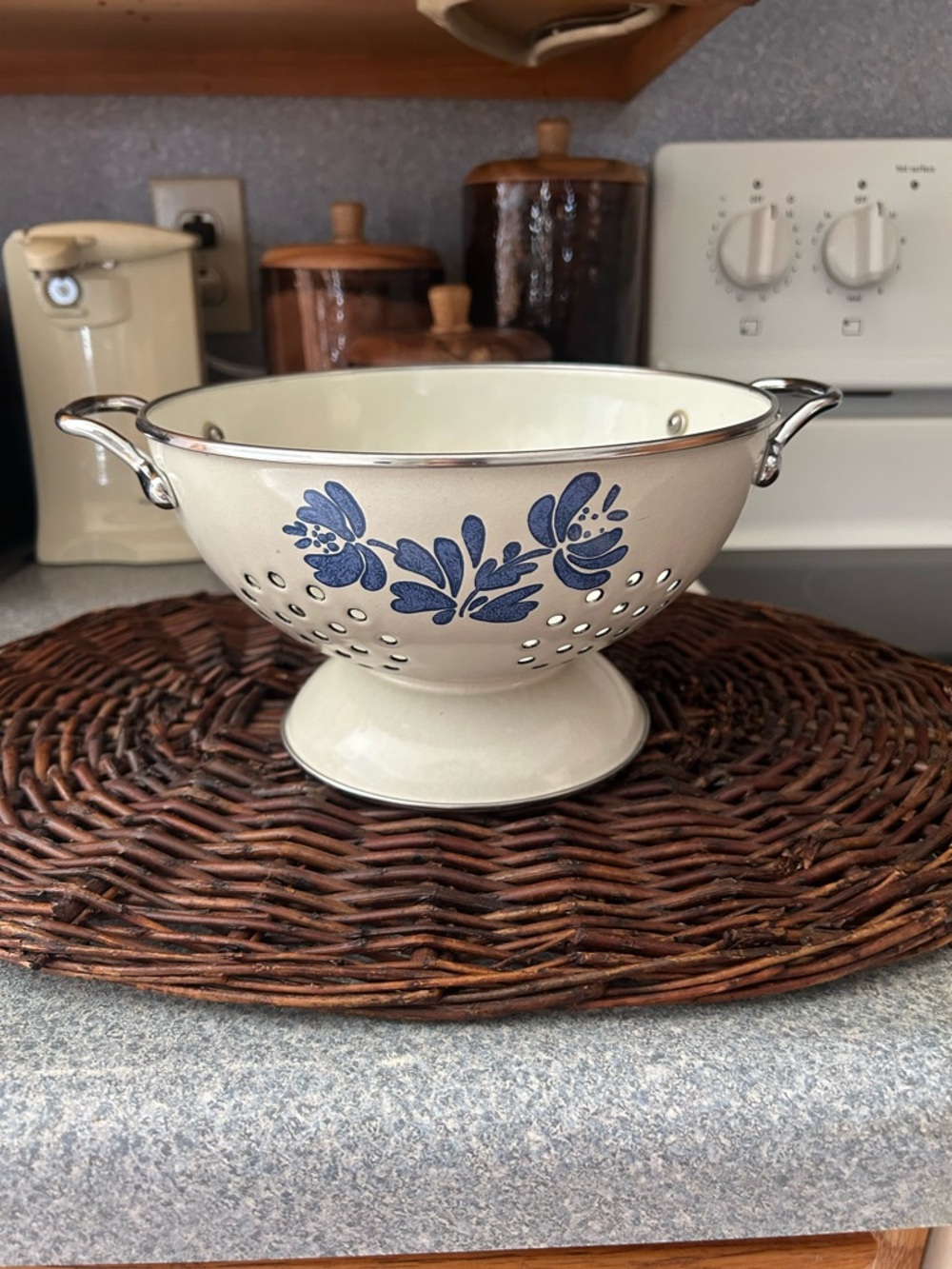 Blue Floral Enamel Colander with Handles